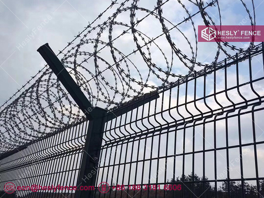 China Welded Wire Mesh with Top concertina razor wire coil | Airport Perimeter | 3.5M high | 3.0m width | HeslyFence Factory supplier