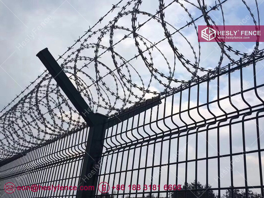 China 3.5m high Airport Perimeter Fence | with Top concertina razor wire coile | Barbed Wire | Y Post | Dark Green-HeslyFence supplier