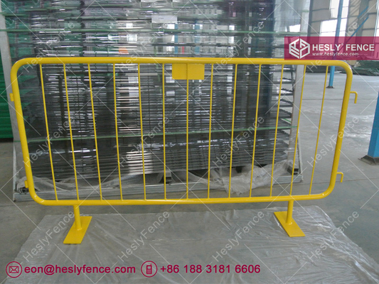 China Crowd Control Barrier | Height 1.1m | Yellow Powder Coated | Flat Steel Feet | China Hesly Fence supplier