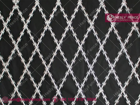 China 150X300mm Rhombus Hole Welded Razor Mesh Fencing, 2.1m height by 6m BTO-30 razor blade, China Razor Wire Fencing factory supplier